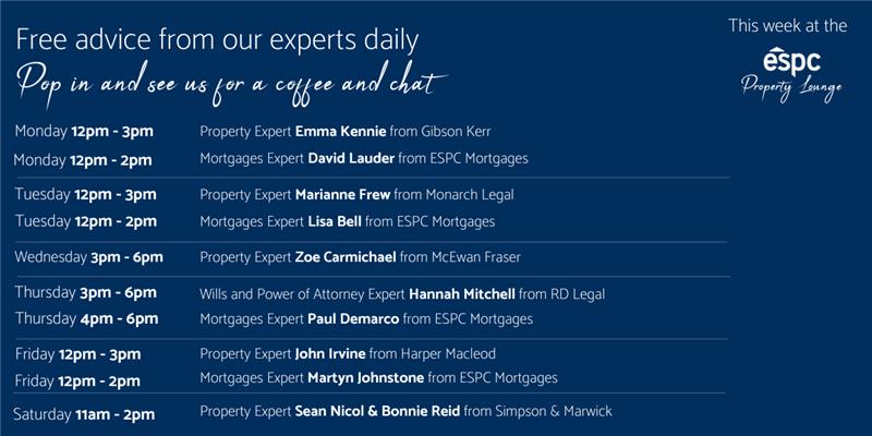 A rota of experts available in the ESPC property lounge this week