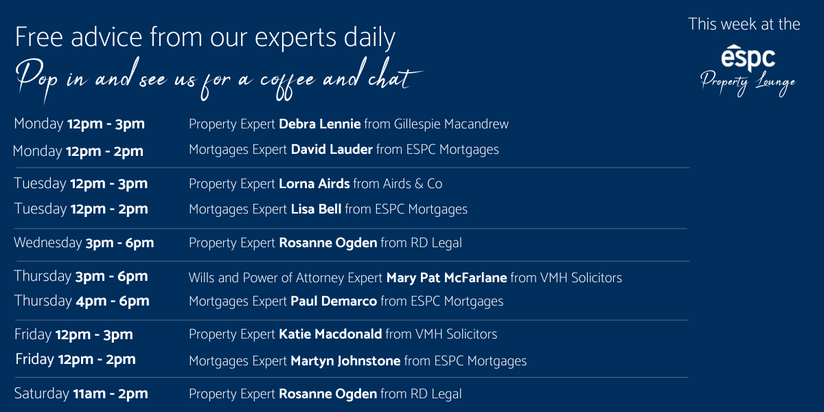 A rota of experts available in the ESPC property lounge this week