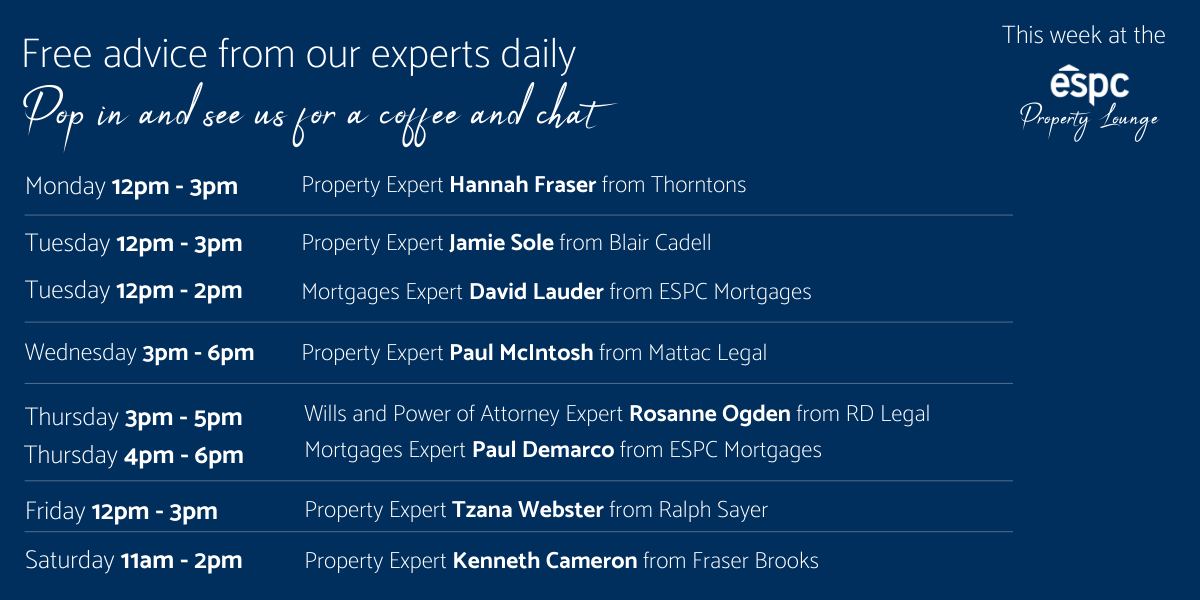 A rota of experts available in the ESPC property lounge this week